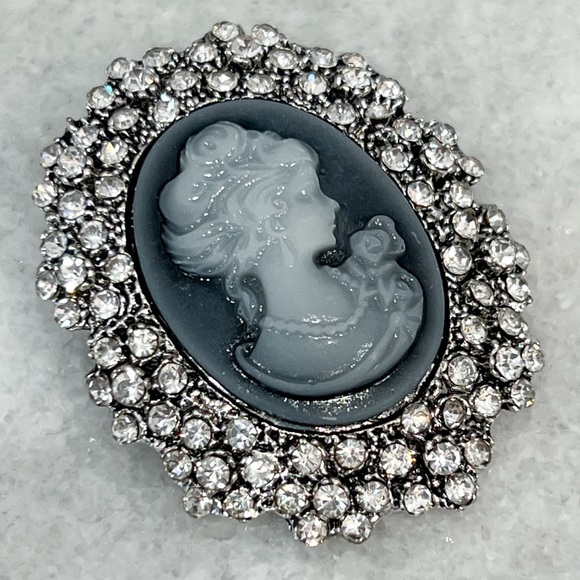 Gray Resin & Austrian Crystal Silver Cameo Brooch - Picture 3 of 6